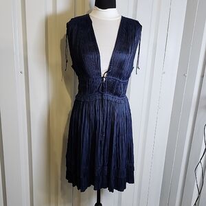 Ulla Johnson Deep Blue Giselle Plissé-satin Mini Dress Size 10 Pleats Soft Shiny